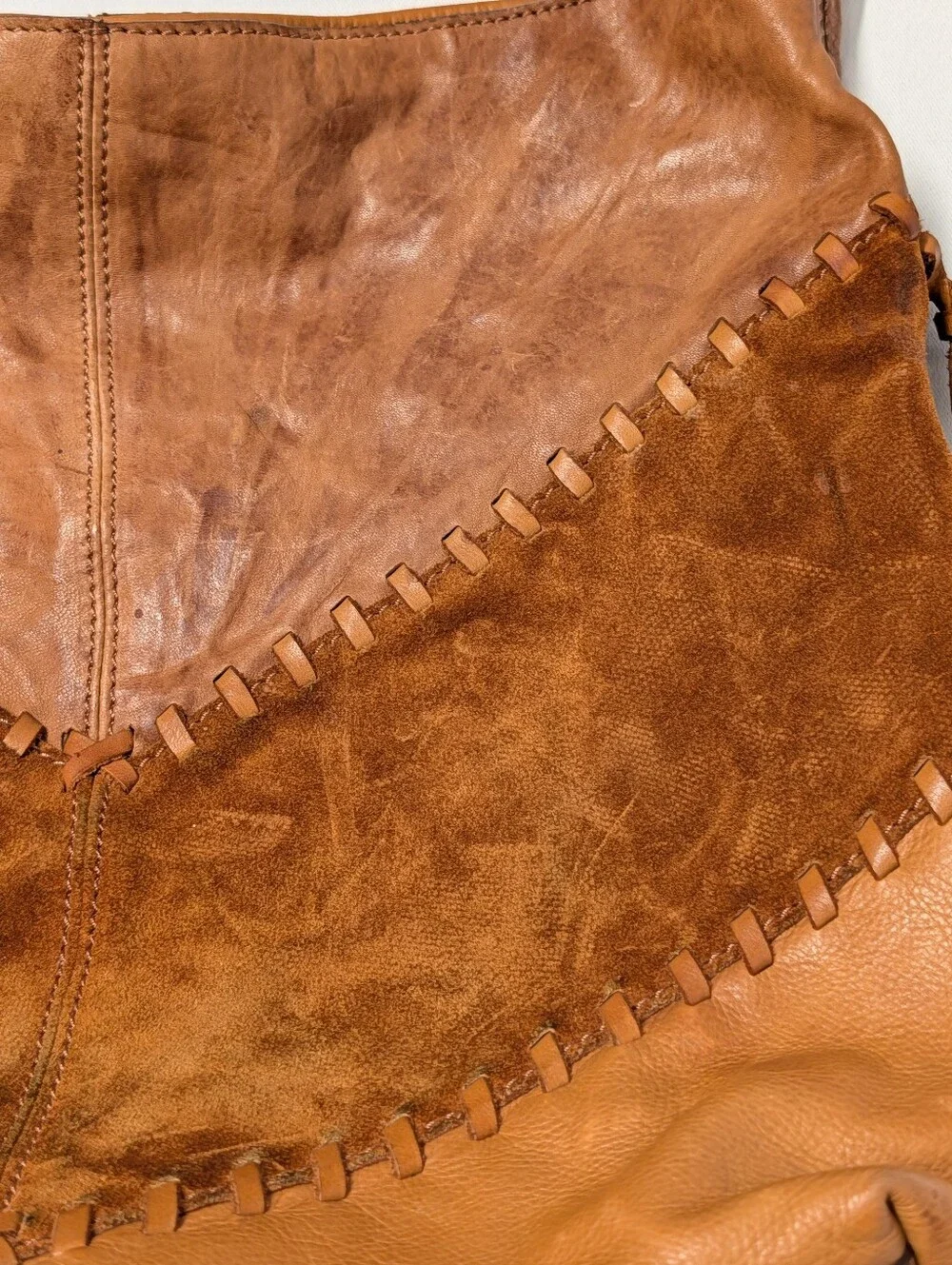 Johnny Was Brown and Tan Leather Suede Fringe Shoulder Bag